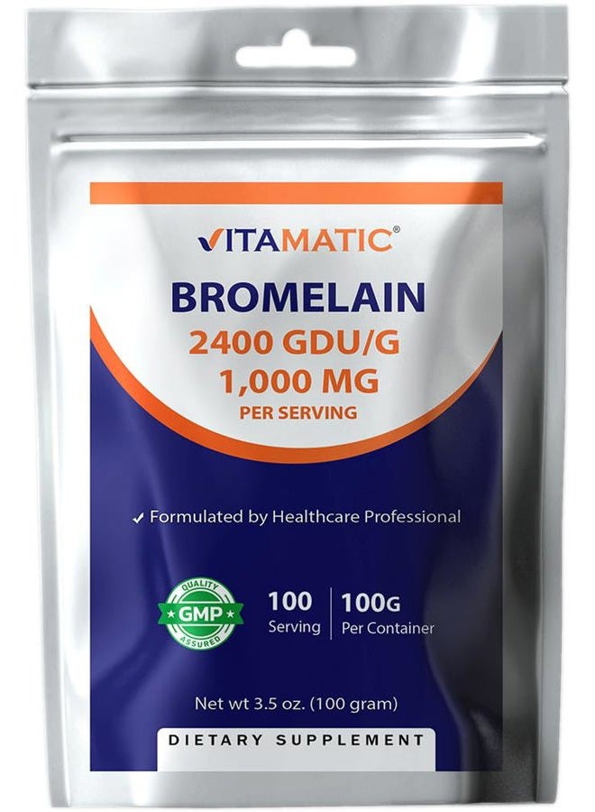 Vitamatic Bromelain Powder 1000mg per Serving - 2400 GDU/g, Proteolytic Enzymes, Supports Digestion of Proteins, 100 Grams - 100 Servings (Scoop Included) - Image 1